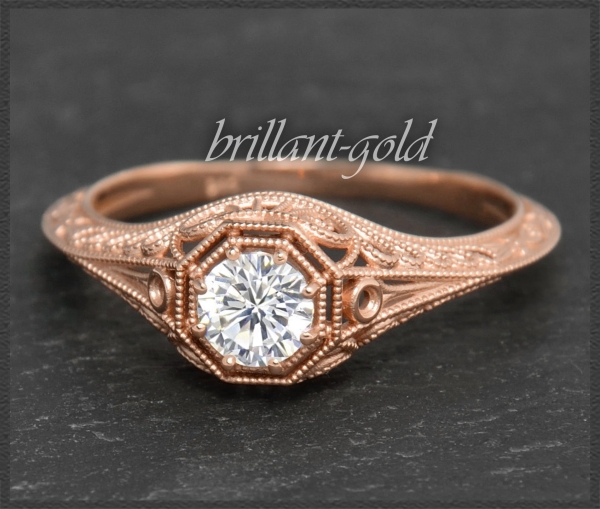 Jugendstil Design Diamant Ring mit 0,41ct, 585 Rotgold